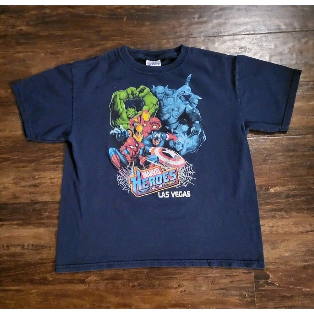 Vintage Gildan Heavy Cotton Marvel Heroes Navy Graphic Crew Neck T-Shirt Youth L